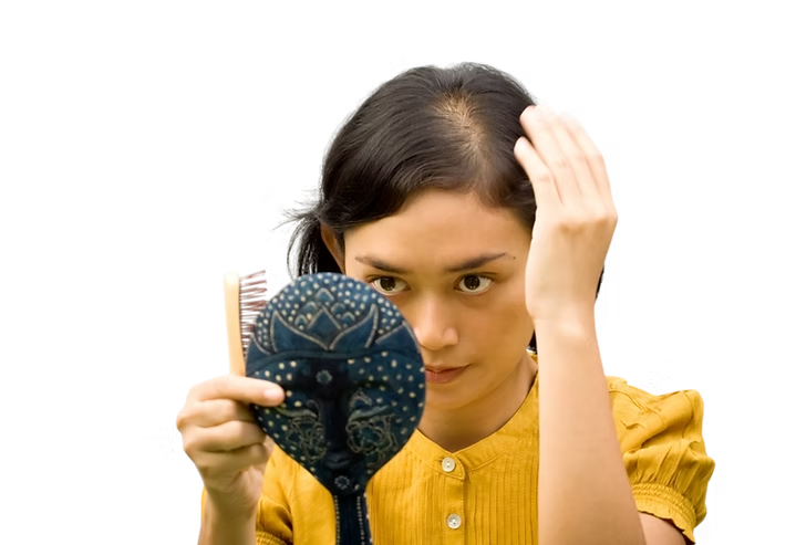 Woman Looking at Mirror to See Hair Loss