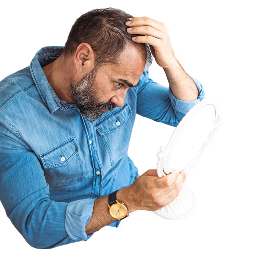 Man Looking at Mirror to See Hair Loss